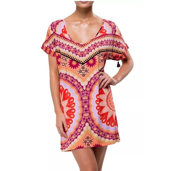 Tigerlily Archives Eastern Pink Sun Henna Inspired Swim Cover Up Dress, Large - Picture 1 of 8